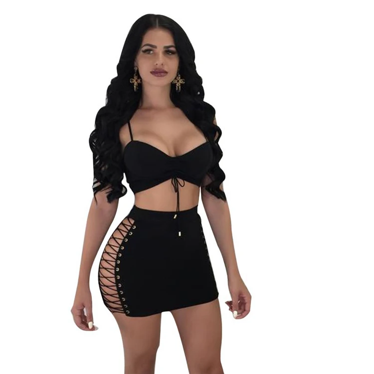 

Wholesale Sexy Outfit Lace-up Skirt And Top 2 Piece Set For Women, Black