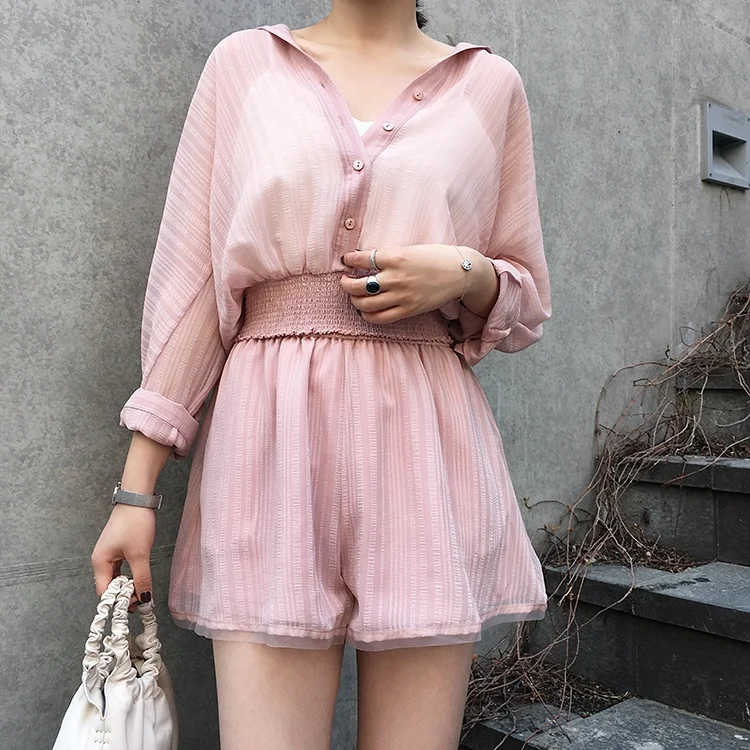 

ASM ANNA Summer new see-through dark textured long-sleeve shirt elastic waist and thin wide-leg shorts set, As shown