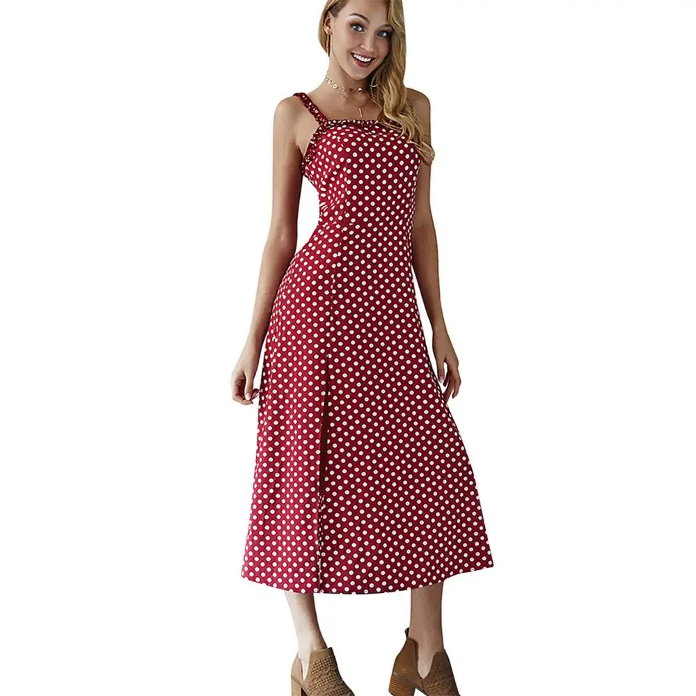 

Wholesale Sexy Causal Sleeveless Red And White Polka Dot Midi Dress