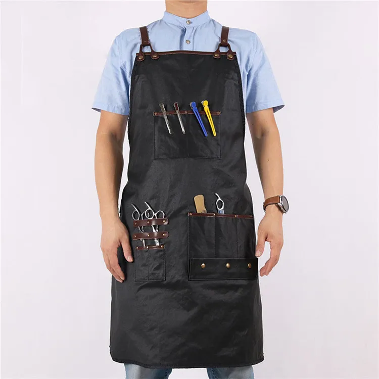 

Black waterproof hairdressing hairstylist barber apron with leather straps