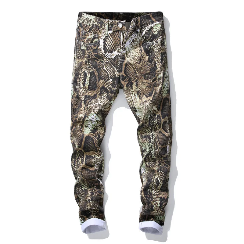 New Cotton Snake Skin Print Designer Men's Casual Jeans Men Slim Fit Hip Hop Cool Streetwear Denim Mens Jeans Joggers Y11633