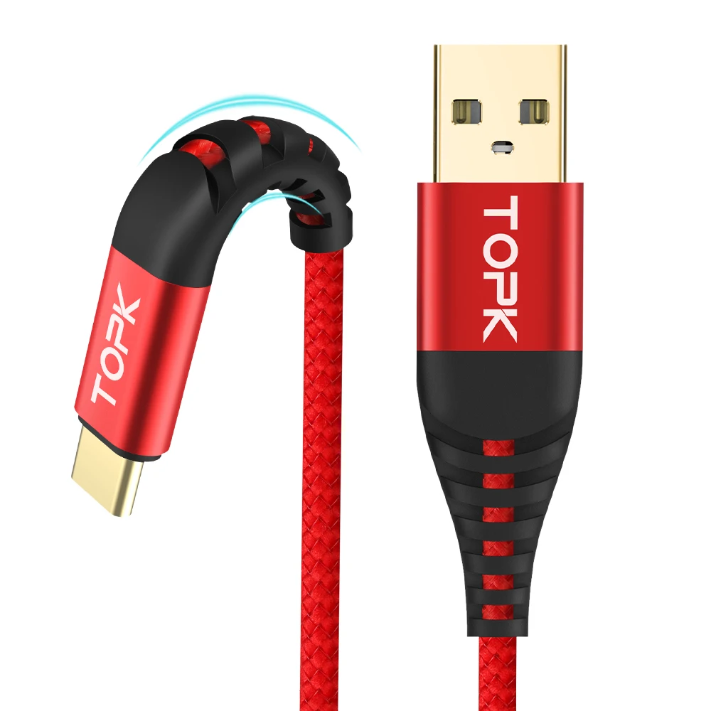 

Free Shipping TOPK 3A Fast Charging Gold Plating USB to USB-C cable, Black / red