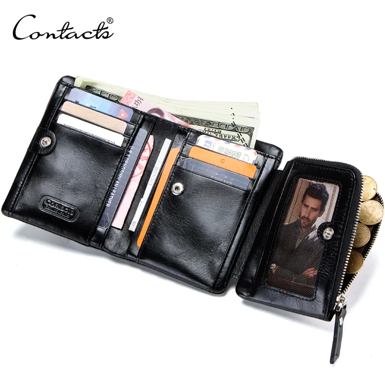 

Male Genuine Leather Sleek Slim ID Window Credit Card Coin Pocket Holder Tri-Fold Zipper Extra Capacity Money Clip Men's Wallets