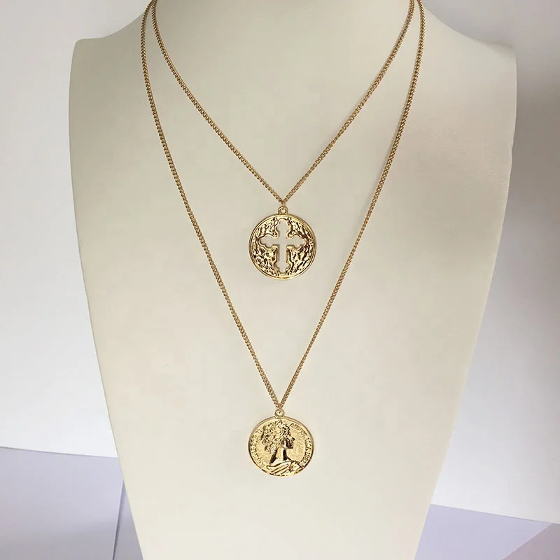 

2019 New Style Double Layers Roman Coin Gold Plated Cross Necklace