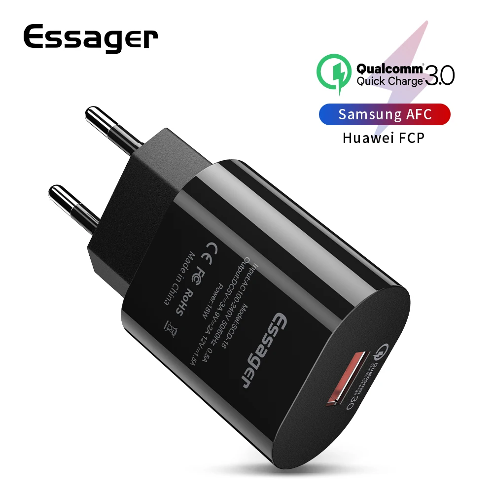 

Essager Quick Charge 3.0 USB Charger QC3.0 QC Turbo EU Wall Charger For Samsung A50 S10 Xiaomi mi 9 8 Fast Charging Mobile Phone, Black