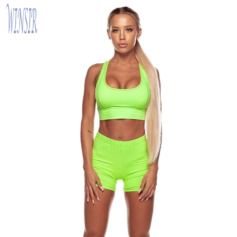 

Two Piece Women Summer Sexy Fluorescent Yellow Green Sleeveless Yoga Workout SportsTank Crop Top and Shorts Pants Neon short set