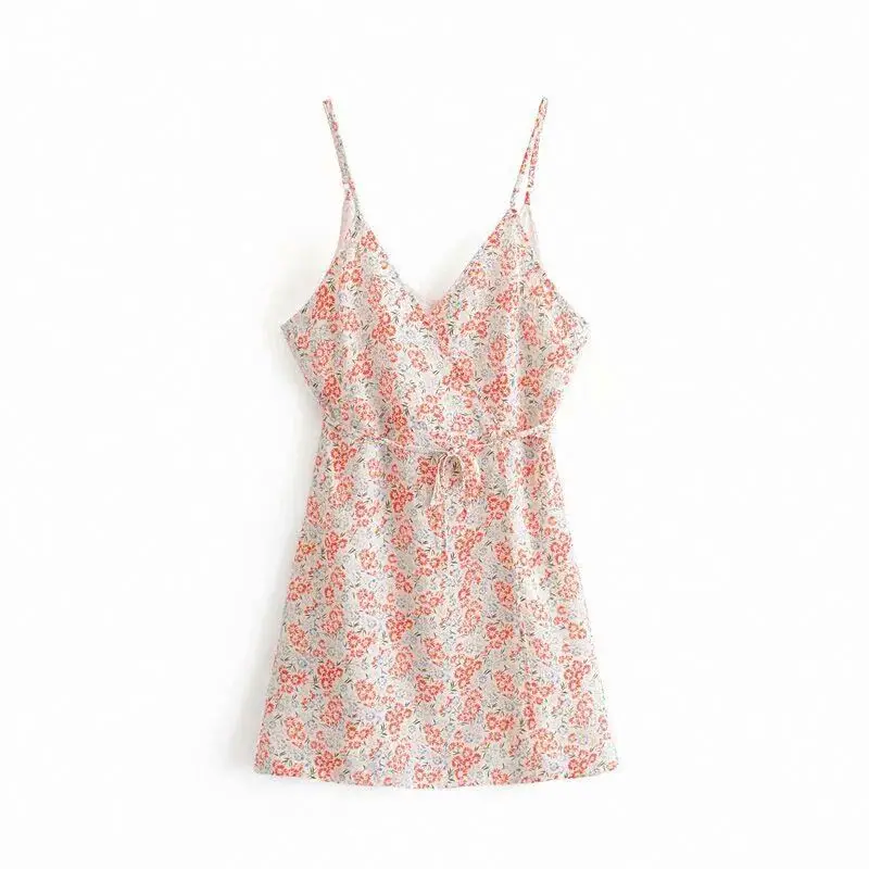 

Women's fashion print sling V-neck wrap lace-up dress, As picture