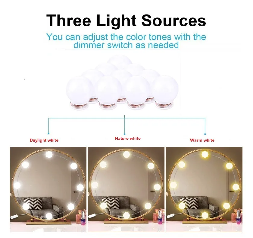 
UL power adapter Hollywood LED Vanity Mirror Lights Kit for Makeup Dressing Table Set Mirrors 3 colors led vanity mirror light 