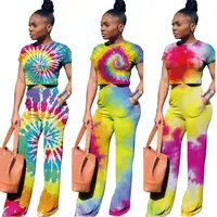 

2019 trendy PA6068 printed crop top and pants outfits two piece set women clothing