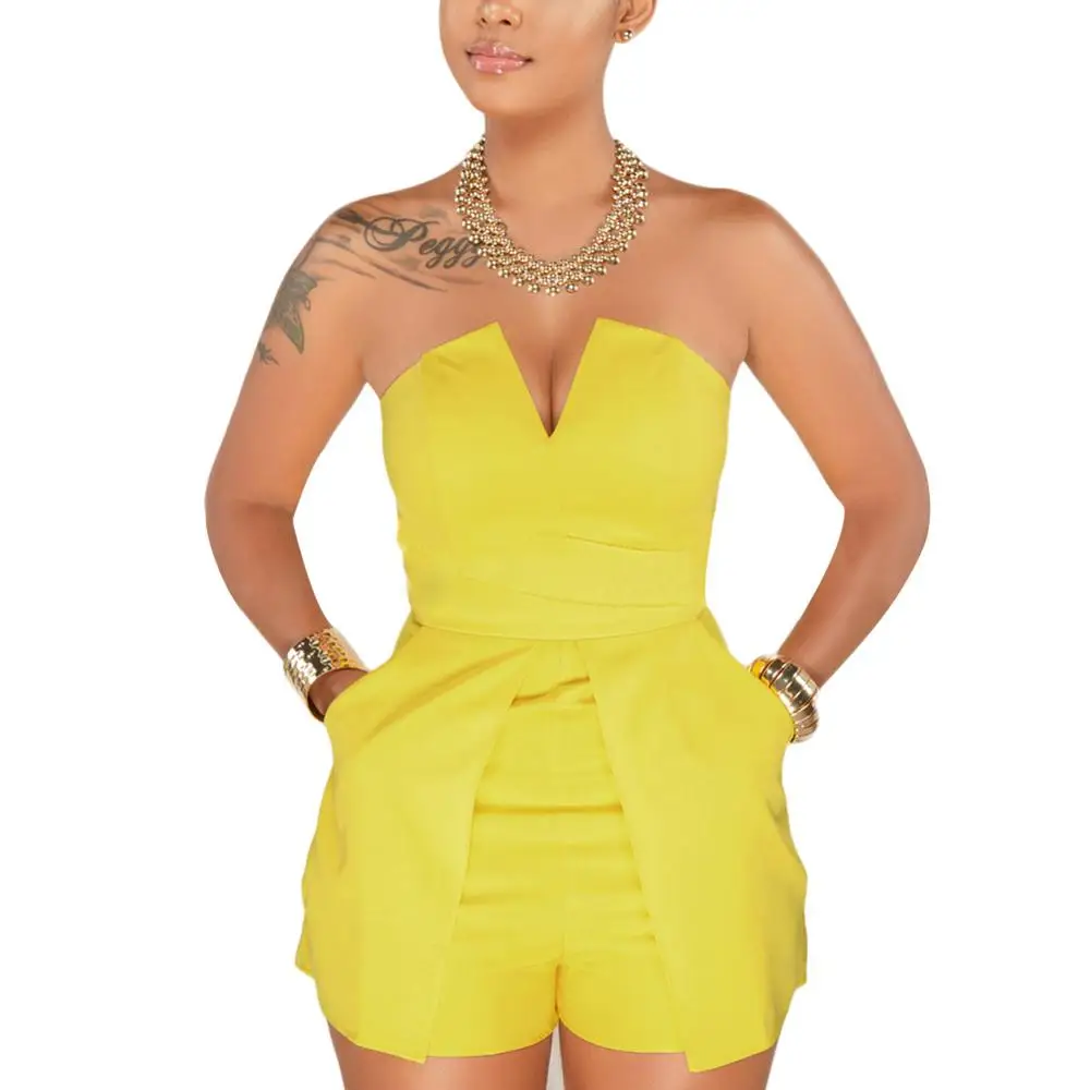 

2019 Hot Selling Style Sweet Yellow Strapless Neckline Zipper Romper Fashion Design, Black;white;rose red;yellow
