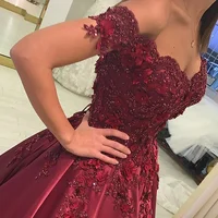 

Latest Elegant Satin Flowers and Beadings Ball Gown Off Shoulder Long Prom Evening Dress