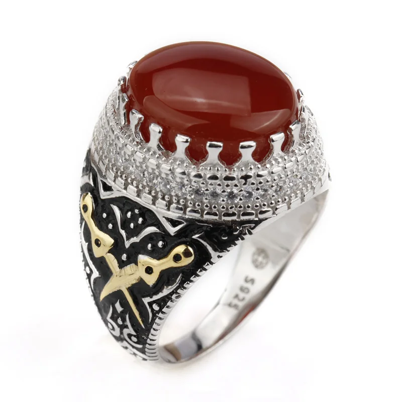 

Vintage 925 Sterling Silver Big Natural Red Agate Stone Man Rings, Two Tone White Gold Plated Signet Finger Arabic Ring for Men, White gold /rhoduim plated