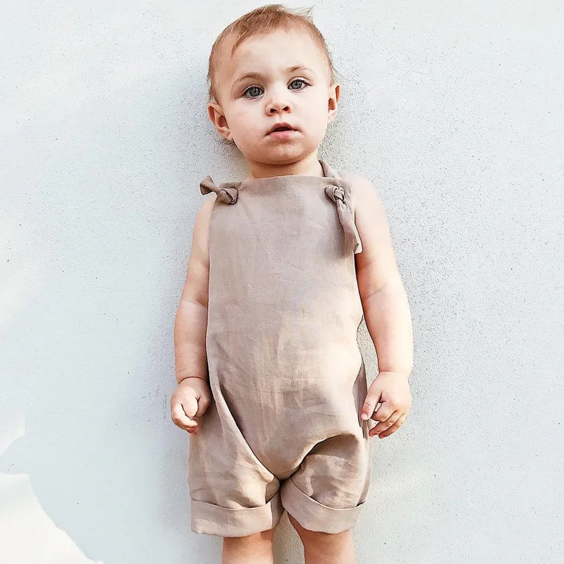 

2019SS Boutique Toddler Baby Clothes Girls & Boys Bib Shorts Children Linen 100% cotton Jumpsuit, White