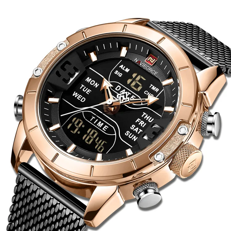 

2019 relogio inteligente Quartz Analog Digital Sport relojes hombre Stainless Steel mesh wrist watch Naviforce new 9153, 5 color