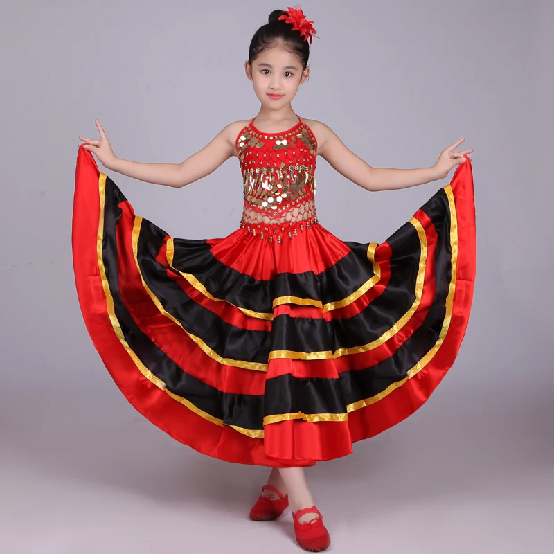 

2019 Kids Flamengo Spanish Dress Girls Sequin Sling Vest Red Long Skirts Flamenco Costume Children Ballroom Stage Wear DNV11147