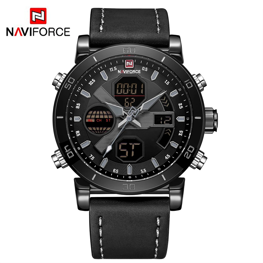 

NAVIFORCE 9132 Brand Men's Watches Sport Dual Display Leather Watch Round 3ATM Waterpoof Multifunction Wristwatch Male Clock, N/a