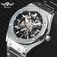 

WINNER Steampunk Men Automatic Mechanical Watch 3D Bolt Design Skeleton Dial Silver Stainless Steel Watches