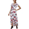 Glamour Deep V Neck White Waist Tie Flower Printed Short Sleeve Dress For Women
