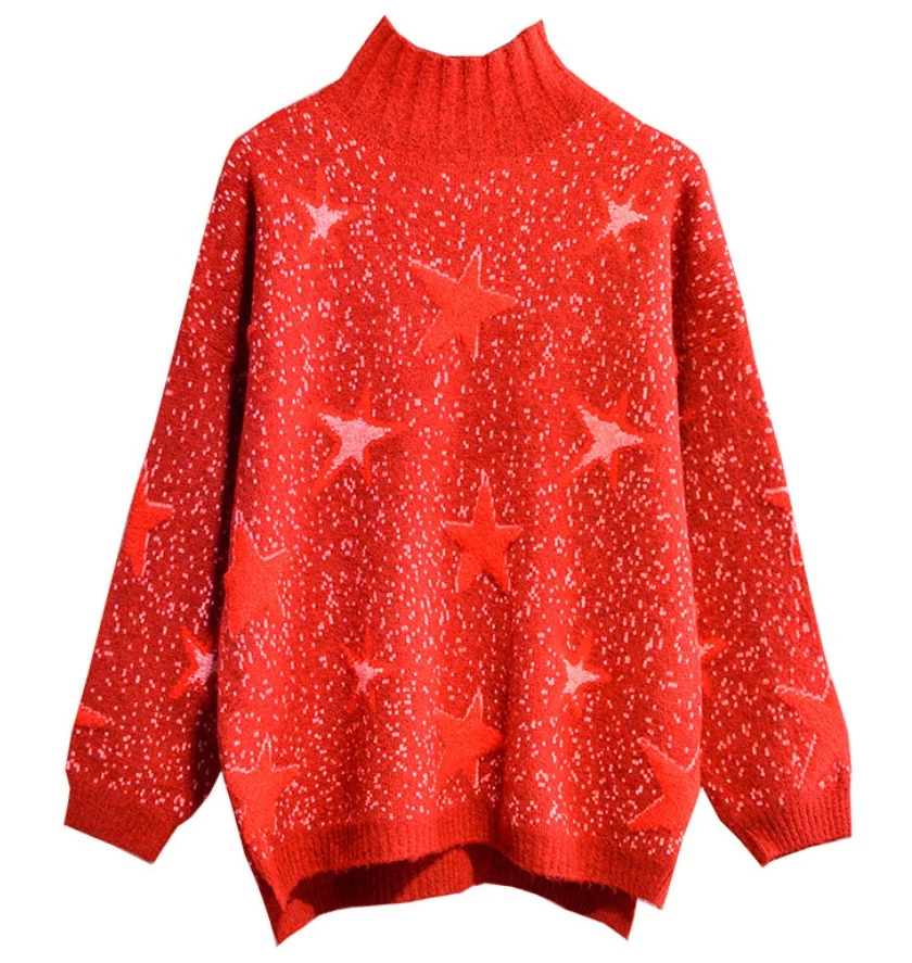 

2018 Fall Winter Women Sweater Stars And Dots Computer Jacquard Oversized Ladies Knitted Pullover Warm Dress, N/a