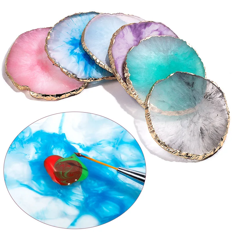 

Resin Nail Art Painting Gel Palette Fashion Golden Edge Polish Agate Mix Stir Gem Plate Manicure Accessory New Tool Gift, As pciture