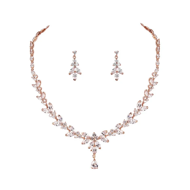 

Rose Gold Plated Cubic Zirconia Necklace and Earring Bridal Wedding Jewelry Set
