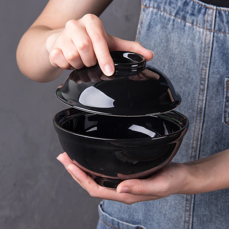 

Japanese style home table dinnerware ceramic glazed black  round bowl with lid, As picture or customized is available