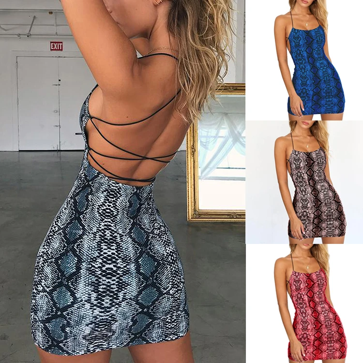 

Explosion Stylish Tie Backless Women Mini Dress Sexy Bodycon Snake Print Dress