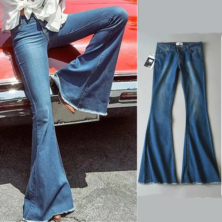 

2019 New Style High Waist Trousers Stretch Slim Women Bell Bottom Jeans, Blue;black;gray