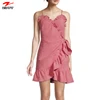 New Fashion Pink Thin Strap Cotton Linen Ruffle Wrap Dress