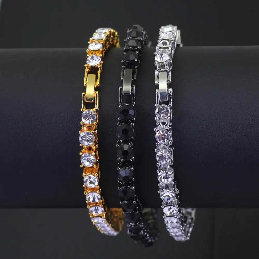 

3 Colors Available 8inch Men's Hips Hops Tennis Bracelet Pave Crystal Rhinestone Tennis Chain Bracelet, Gold, black, silver