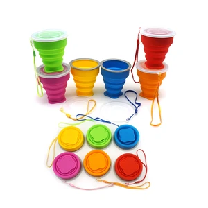Image of Telescopic folding tumbler travel reusable drinking tea beer wine coffee silicone collapsible cup 300ml with lanyard lid