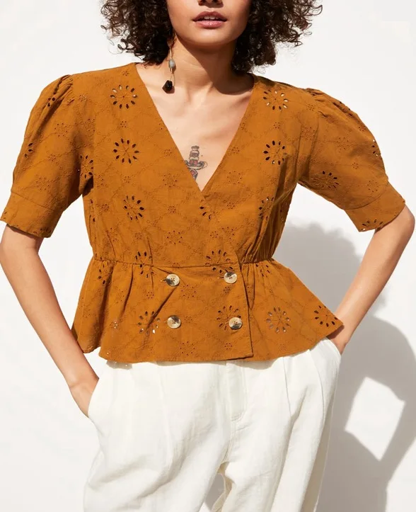 

2019 ladies sexy deep V lace hollow out puffy sleeve cotton linen tops female out fit 90s vintage elegant women blouse shirt