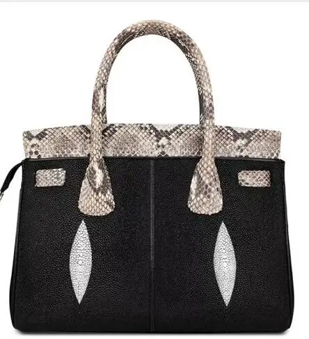 

Fashion Luxury Brand Designer Genuine Stingray Skin Leather Women's Handbag High Quality Exotic Snakeskin Ladies Top Handle Bag