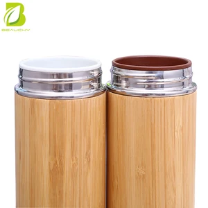Image of custom logo BPA free tea infuser travel bamboo stainless steel metal hot water drink bottle double wall thermos mug