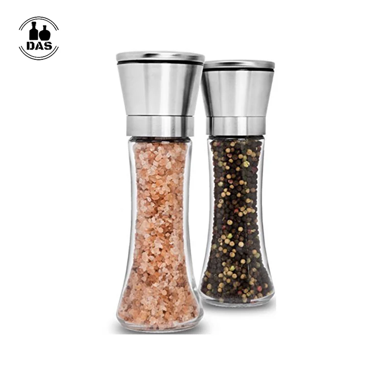 

6 Oz Glass Tall Body Adjustable Ceramic Rotor Pepper Mill and Salt Mill, Stainless Steel Salt and Pepper Grinder Set, Clear