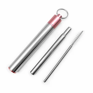 Image of Portable keychain flexible drinking straws reusable metal stainless steel telescopic straw with cleaning brush