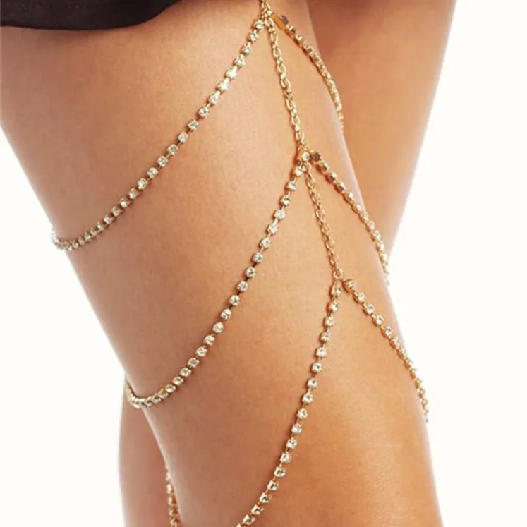 

New Bohemia Geometric Rhinestones Multi Layers Sexy Body Chain Jewelry Shiny Leg Thigh Chain for Women, Silver,gold
