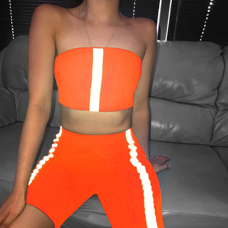 

Stretchy Neon Reflective Striped Biker Shorts Set Tracksuit Women Two Piece Fitness Crop Top And Short Matching Sets, Printed