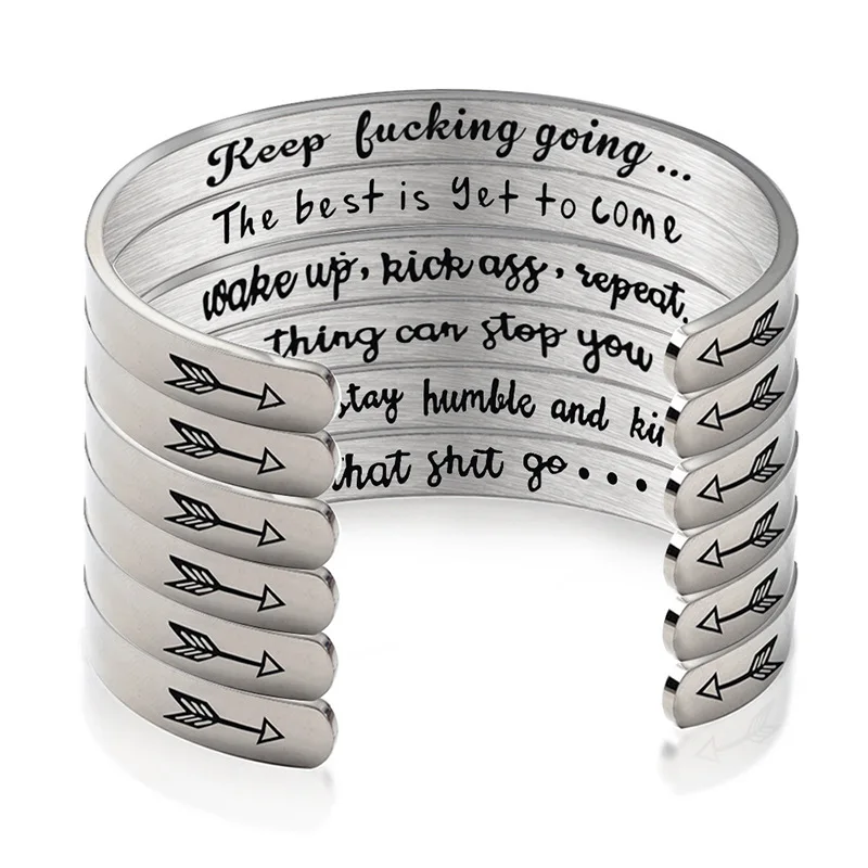 

Promotional Gift Inspirational Words Engraved Open Cuff Bangle Bracelet Silver 316L Stainless Steel Custom Cuff Bangles