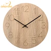 solid wood crafted laser craved modern brief design battery operated silent round wood body wall clock for home office