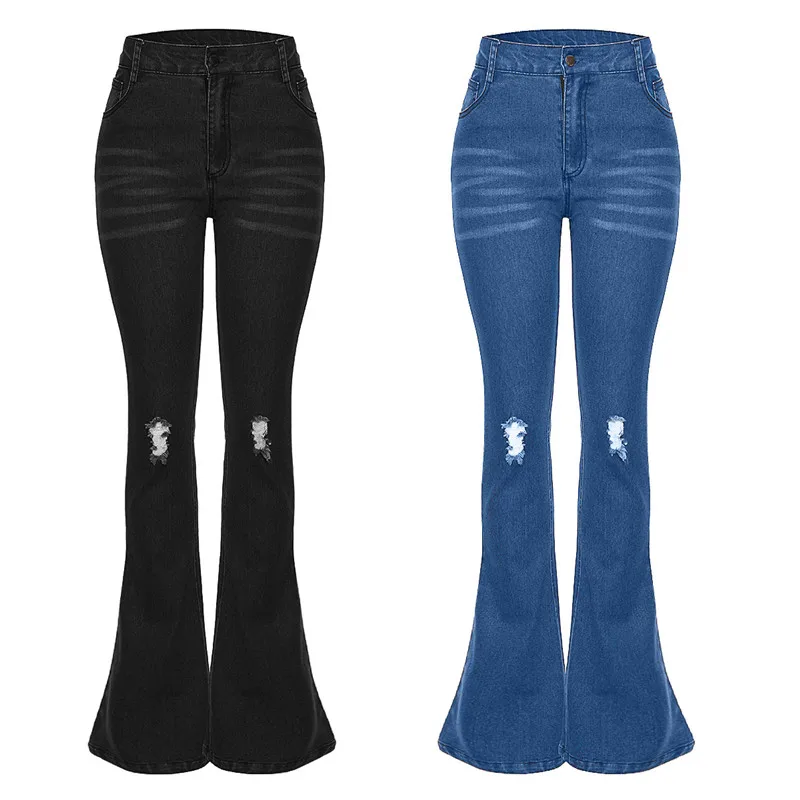 

Jeans for Women Black Blue Flare Jeans Woman High Elastic Plus Size Stretch Jeans Female Washed Denim Bell Ripped Bottoms Pants