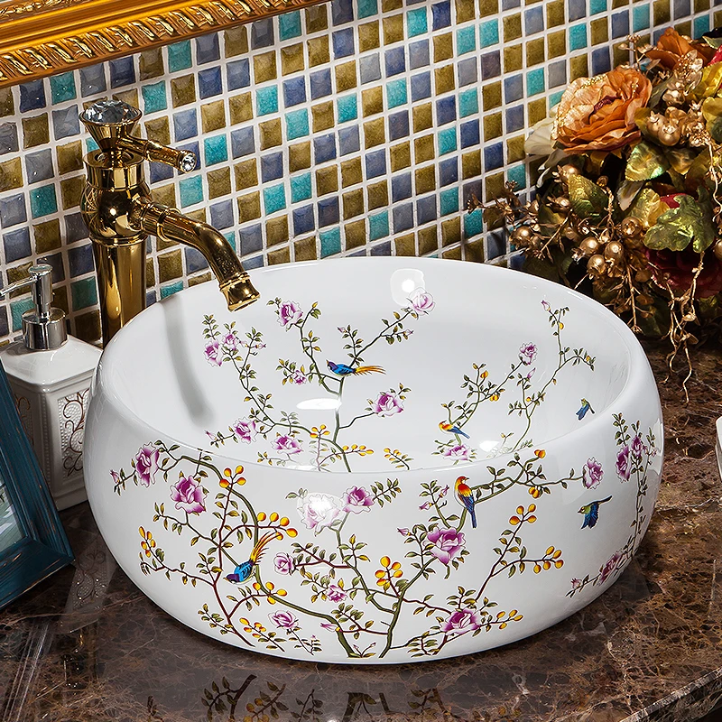 

China hand painted famille rose porcelain bathroom washing hand sink ceramic basin with flower and bird