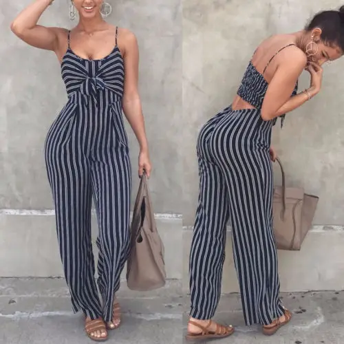 

Ecowalson Summer New Bodycon Backless Stripe Jumpsuits Women Sexy Party Clubwear Jumpsuits Casual Bowtie Overalls Jumpsuit
