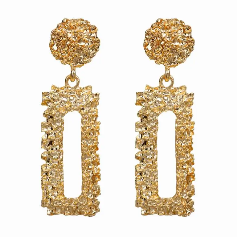 glam gold women fashion geometric metal earrings textured rectangle earrings