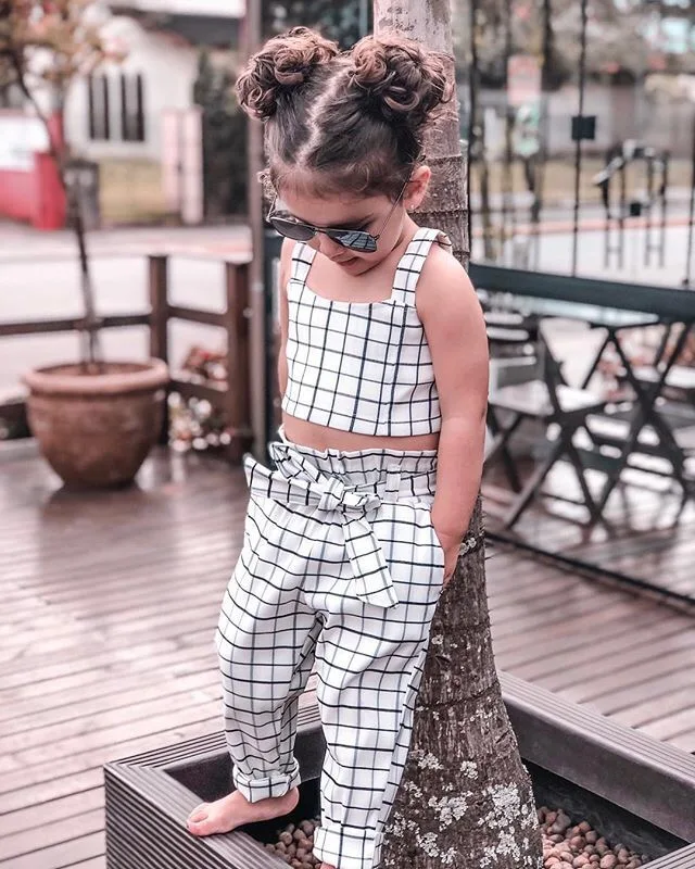 

Toddler Kids Baby Girls Casual Outfits Plaid Off Shoulder Short Sleeve Tops+Long Pants Kid Summer Outfit Set, As picture