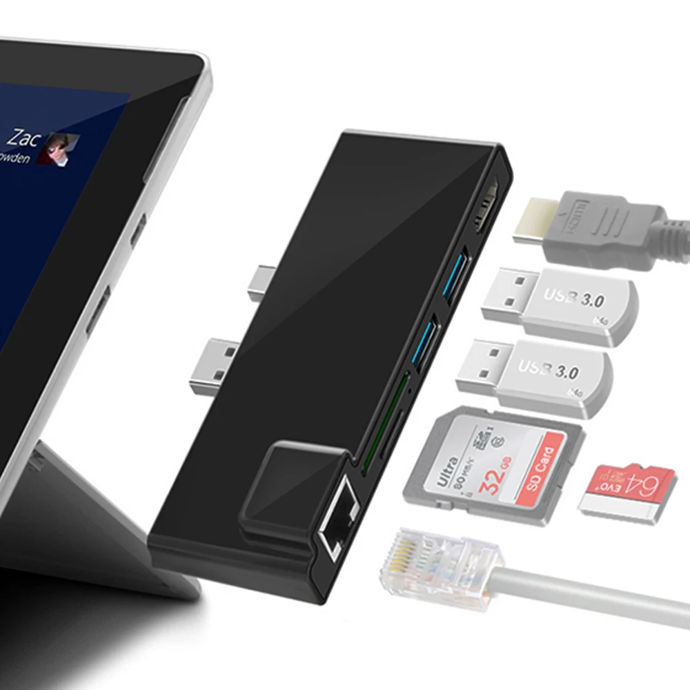 

Multi-function 6 port USB 3.0 hub Super Speed 5Gbps with card reader for surface pro, Black