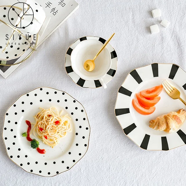 

Vintage ceramic coffee cups and saucers dining mug 8inch plate 1829, White and black