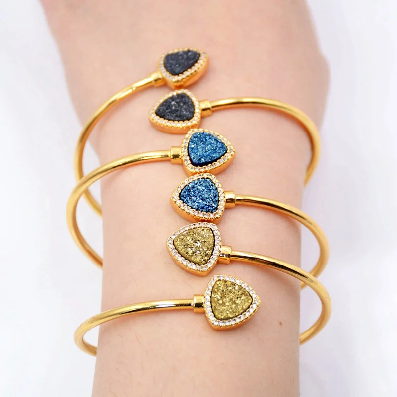 

Vintage Adjustable Natural drusy Stone Open Cuff Bangle Bracelets Gold Plating triangle Druzy Stone Bangles For Women