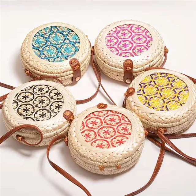 

Bali Rattan Round Straw Bag With Long Strap Bohemian Women Retro Summer Beach Shoulder Bag Handmade Colorful Handbag Woven Bag, Customizable