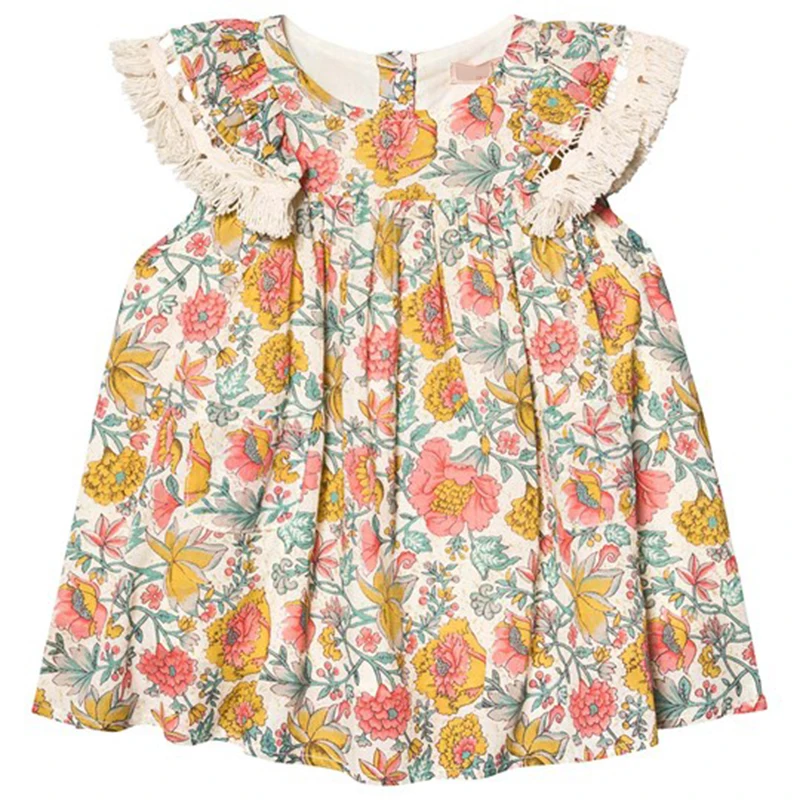 New Summer Kids Clothes Vintage Ruffle Sleeves Floral Girls Cotton Dresses